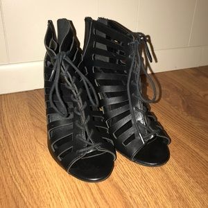 Maurice’s peep toe strappy wedges (black)
